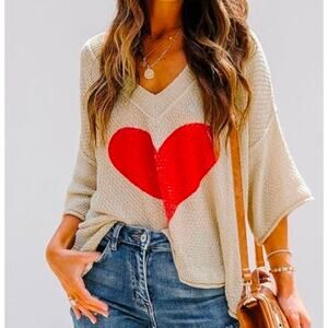 Anthro's POL Oversized Valentine's Thin Knit Red Heart V-Neck Sweater/Top Size M